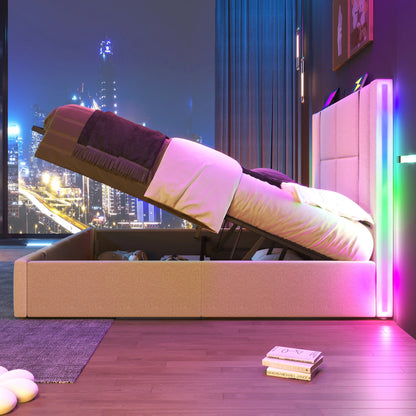 KOMHTOM Doppelbett- USB Type C Ladefunktion, APP-Control LED, Stauraumbettgestell, Leinenmaterial, ohne Matratze