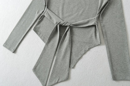 Sexy Long Sleeve T-Shirt Women's Waist Cinched Shoulder Bared Strap Design Autumn 2025 Irregular Halter Neck Top for Trendy Girl.