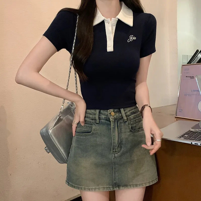 Original Quality Short Sleeve Polo Neck T-Shirt Women's Slim Fit Waist Cinched Sexy Design Casual Sweet Style Polyester Fabric.