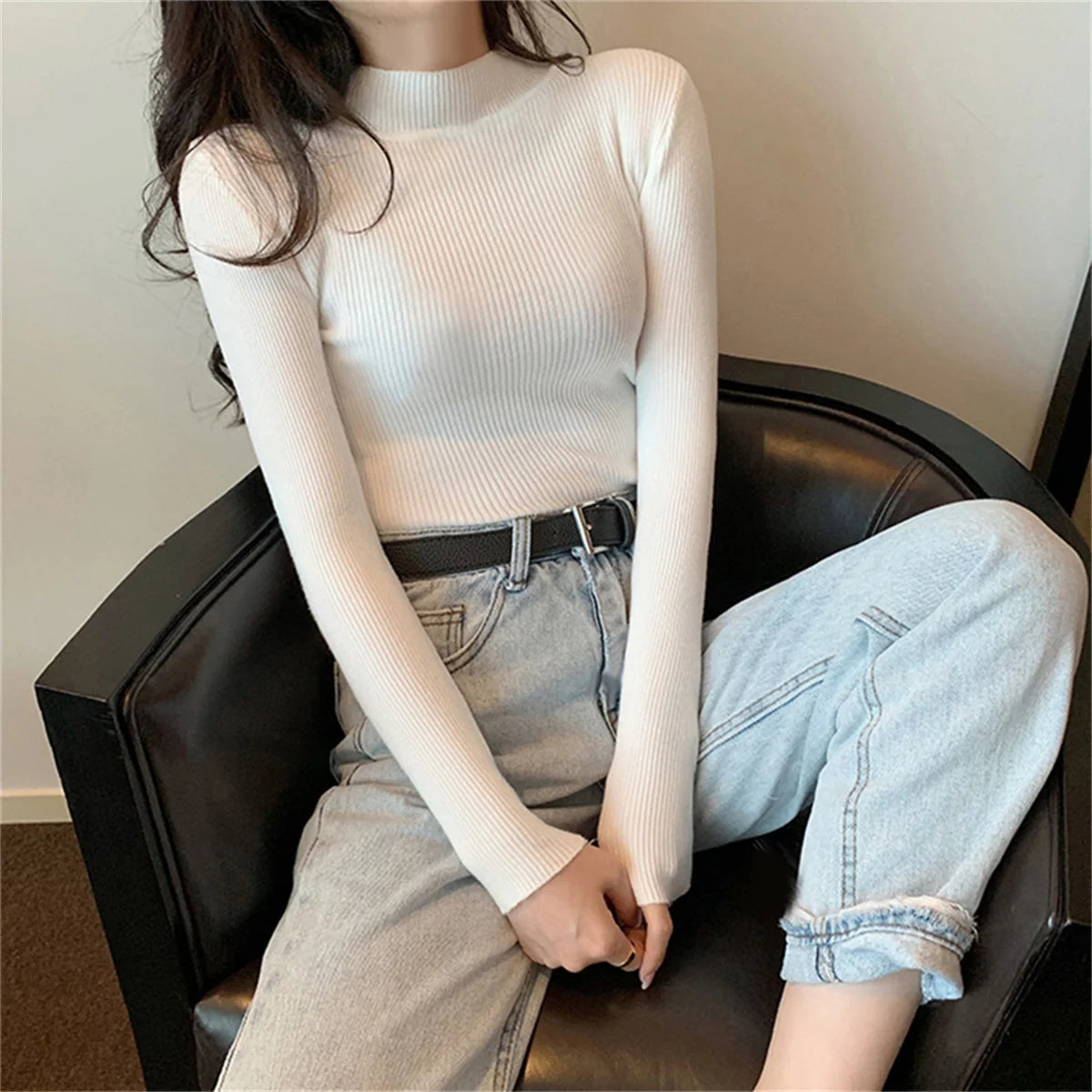Mode Mock Neck Gestrickte Pullover Frauen Herbst Winter Neue Feste Vintage Grundlegende Tops Koreanische Dünne Rippen Pullover Casual Innere Top.