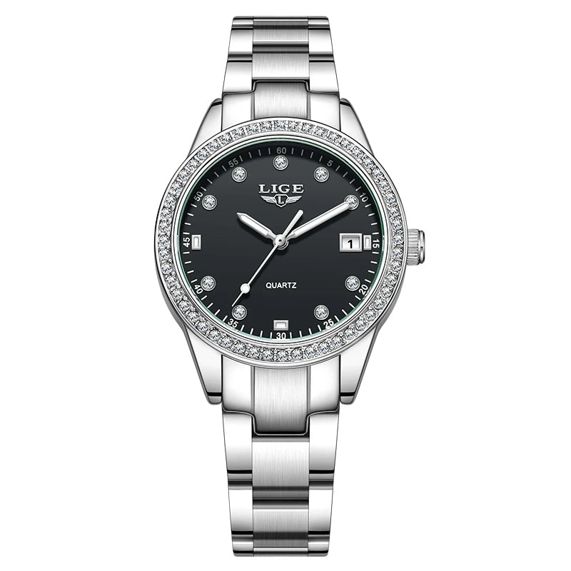 LIGE 2025 Diamond Women's Watch Fashion Elegant Quartz Wristwatches Waterproof Steel Strap Watch For Ladies Gifts Reloj Mujer