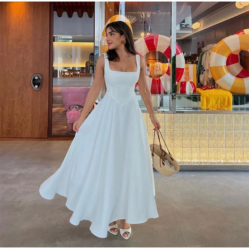 Schwarzes A-Linien-Langkleid für Damen, elegant, quadratischer Ausschnitt, plissiert, ärmellos, Sling-Maxikleider, 2025, Sommer-Dame, Urlaub, Party, Roben