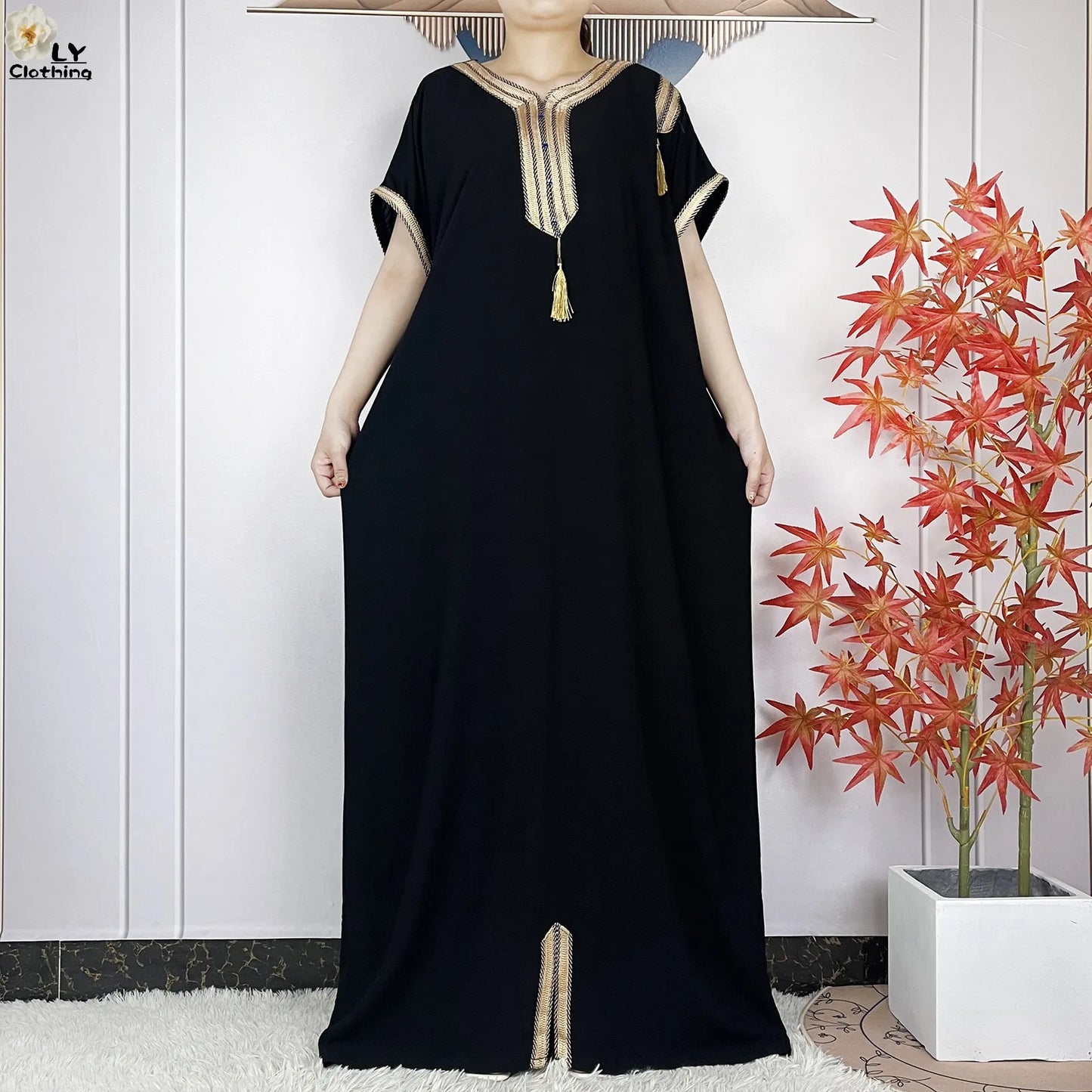 New Muslim Abayas Summer Short Sleeve African Dashiki Tassels Cotton Loose Caftan Lady Maxi Islam Casual Dresses With Headscarf.