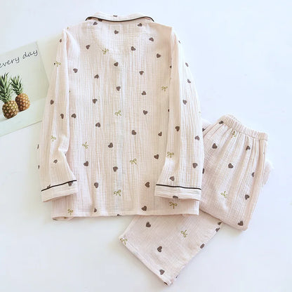 2025 neue Frühjahr/Sommer frauen Pyjama Set 100% Baumwolle Crepe Nette Liebe Langarm Lange Hosen Zwei Stück set Strickjacke Hause Kleidung.