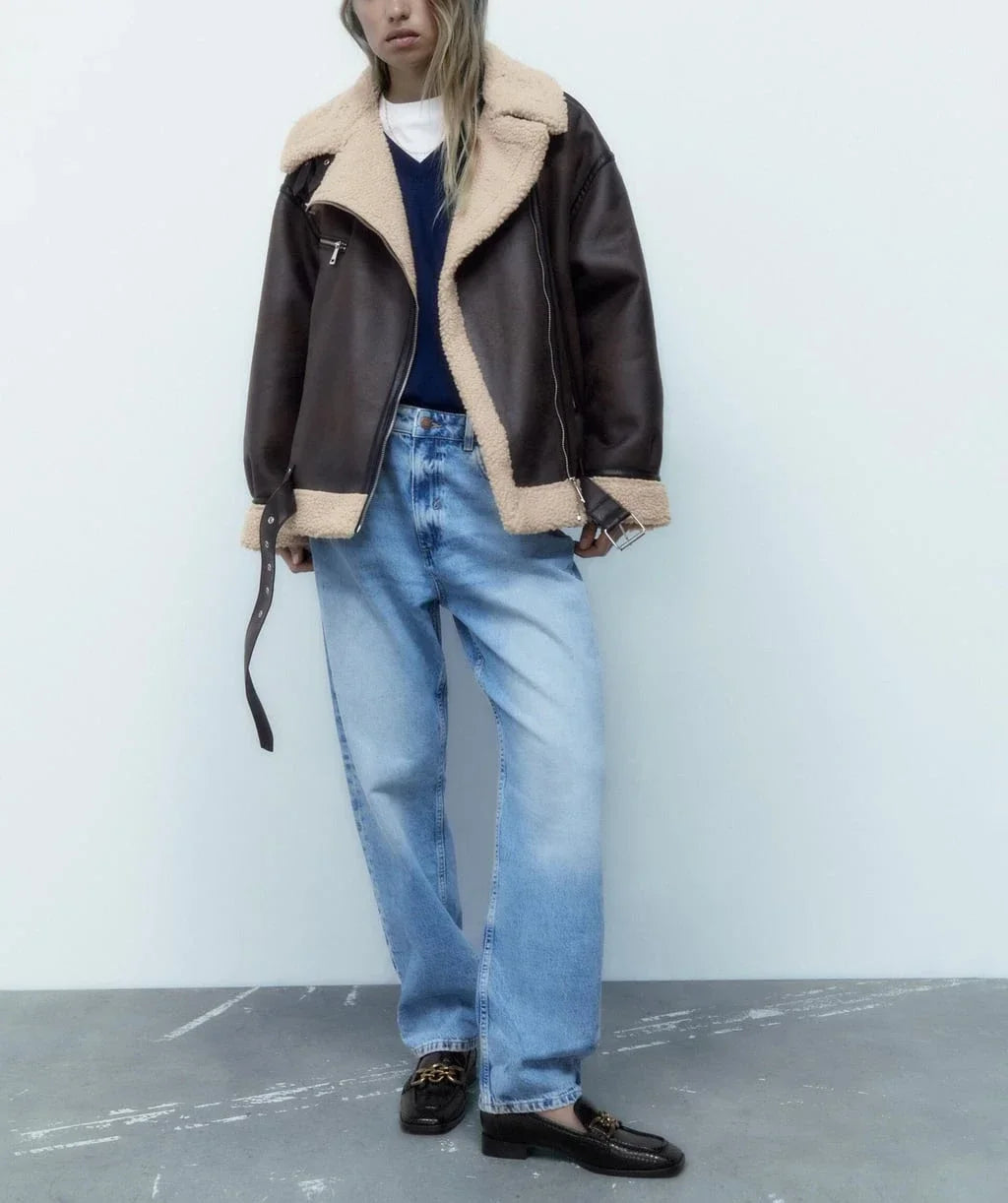 Frau dicke warme doppelseitige Faux Shear ling Jacke Herbst Winter neue Revers Langarm Gürtel Saum Reiß verschluss weibliche Oberbekleidung