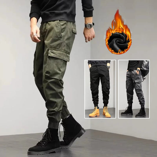 Men's Winter Snow Warm Thermal Plush Cargo Pants Comfortable Elastic Waist Casual Trousers Trend Versatile Concise Outside Pants.