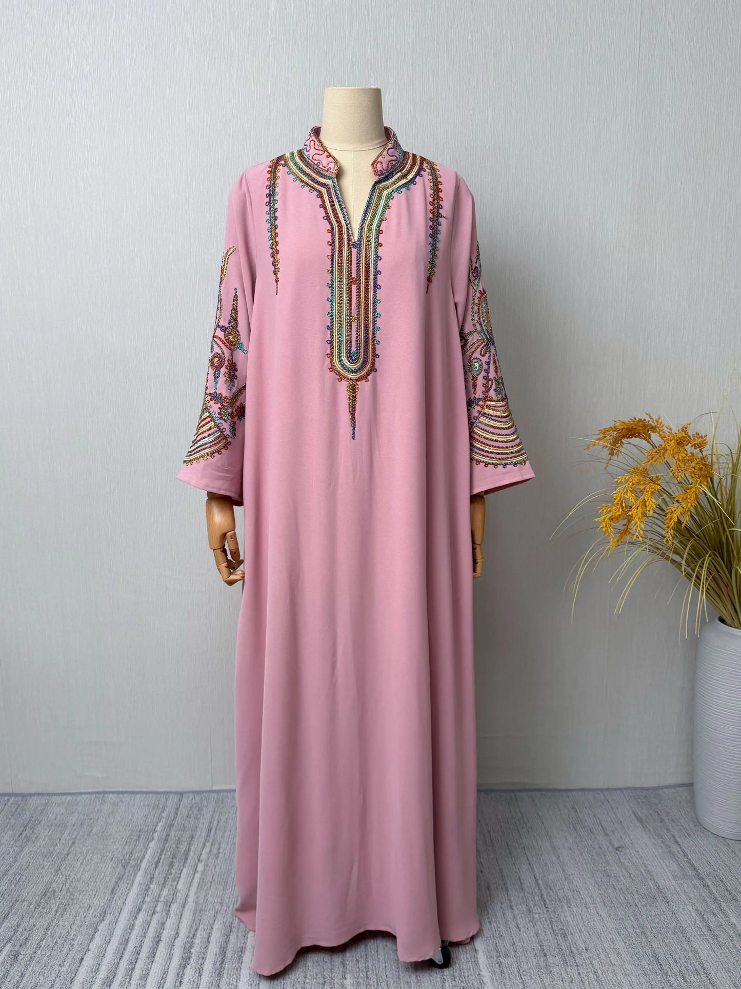 2025 Dubai New Inspired Pink Muslim Abaya Colorful Embroidery on Neckline & Sleeves Perfect for Middle Eastern Cultural Events.