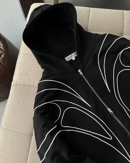 Striped splicing embroidery oversized hoodie American new clothing high street trend brand double zipper black zipper sweatshirt.