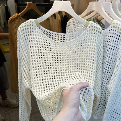 2025 Mesh Vintage Harajuku Langarm Frauen Pullover Koreanische Frühling Sommer Strickwaren Weiche Dünne Tops Chic Solide Femme Pullover.
