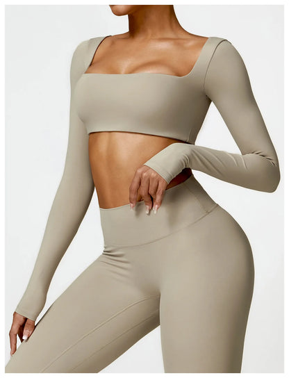 Hearuisavy Casual Quick Dry Sportswear Women Square Neck Gym Top Women Fitness Sports Crop Top Female Long Sleeve Yoga Clothing