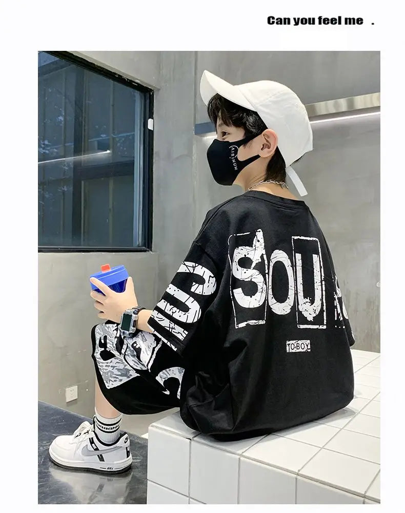 Boys Summer Trendy Casual Sports 2pcs T-shirts+Pants Suits 3-14 Years Teenage Boys Hip Hop Style Fashion Outfits Clothes Sets