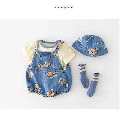 2 Stück Sommer Kinder Baby Denim Bodysuit und Mützen Anzüge einteilige Unisex Kleinkind Jungen Mädchen weiche Jeans Kleidung Jeans Sprung anzüge