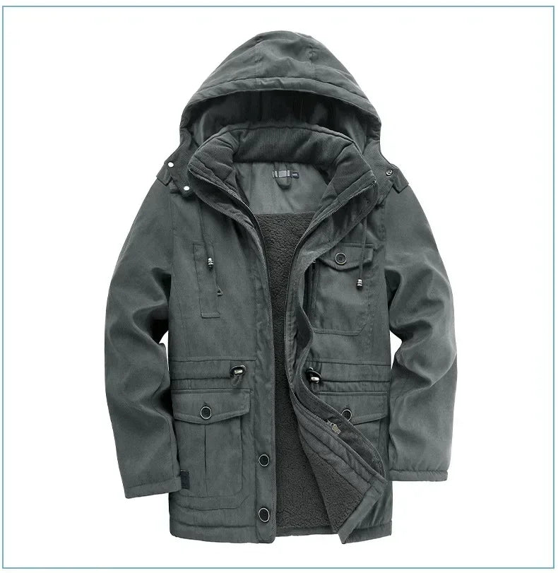 Men's Jacket WINTER USA SIZE Large SIZE Lamb Fleece JACKETS Hooded Cotton Thickened Multi Pocket Casual Mid length Coat