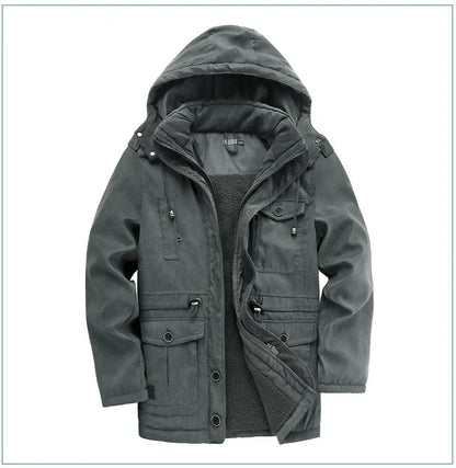 Men's Jacket WINTER USA SIZE Large SIZE Lamb Fleece JACKETS Hooded Cotton Thickened Multi Pocket Casual Mid length Coat