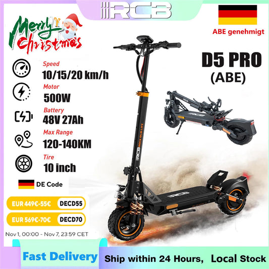 RCB Electric Scooter D5 Pro/D5 (ABE), 48V 27/20.8 Ah Battery, 500W Motor, 10“ Flatproof  Tyre, Dual Shock Absorption E Scooter.