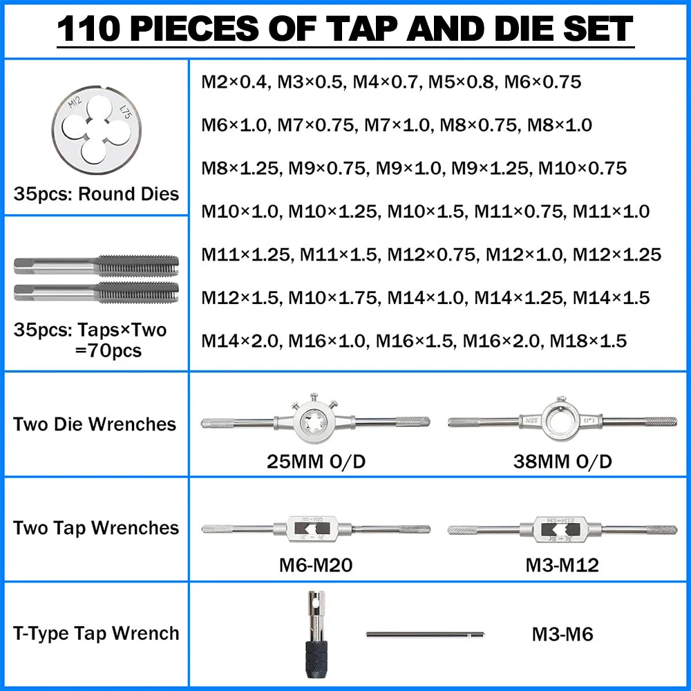 Rimoody 110-teiliges Gewindebohrer- und Sterbenlagerstahl-Titan-Werkzeugset, metrische und standardmäßige Gewindebohrer- und Matrizenhalter, Werkzeug- und Autoreparatur-Werkzeug-Set-Box