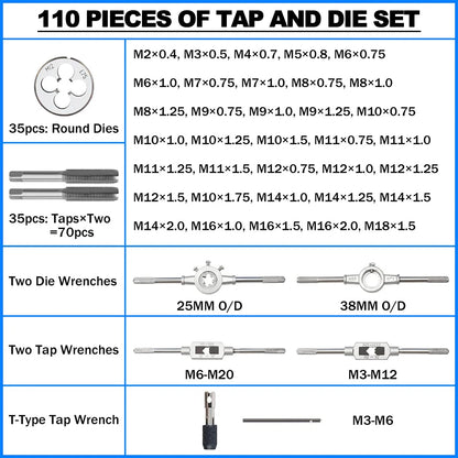 Rimoody 110-teiliges Gewindebohrer- und Sterbenlagerstahl-Titan-Werkzeugset, metrische und standardmäßige Gewindebohrer- und Matrizenhalter, Werkzeug- und Autoreparatur-Werkzeug-Set-Box