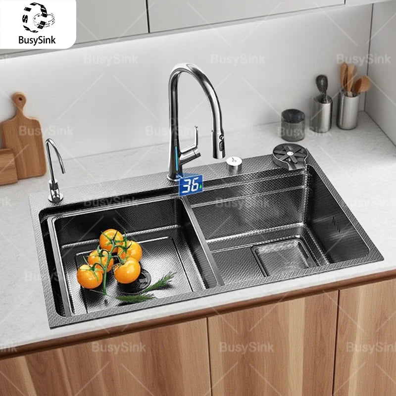 Gray 304 Stainless Steel Kitchen Sink Wash Dish Bowl Nano Embossing Large Single Slot Multifunctional Household Undermount Basin