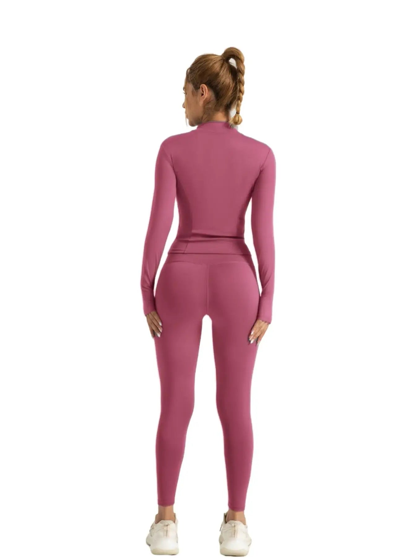 Fitfemme Two-piece Set Women's Solid Zip UpMock Neck Sports Jacket & HighWaist Leggings Set, SportyBreathable Quick Drying.