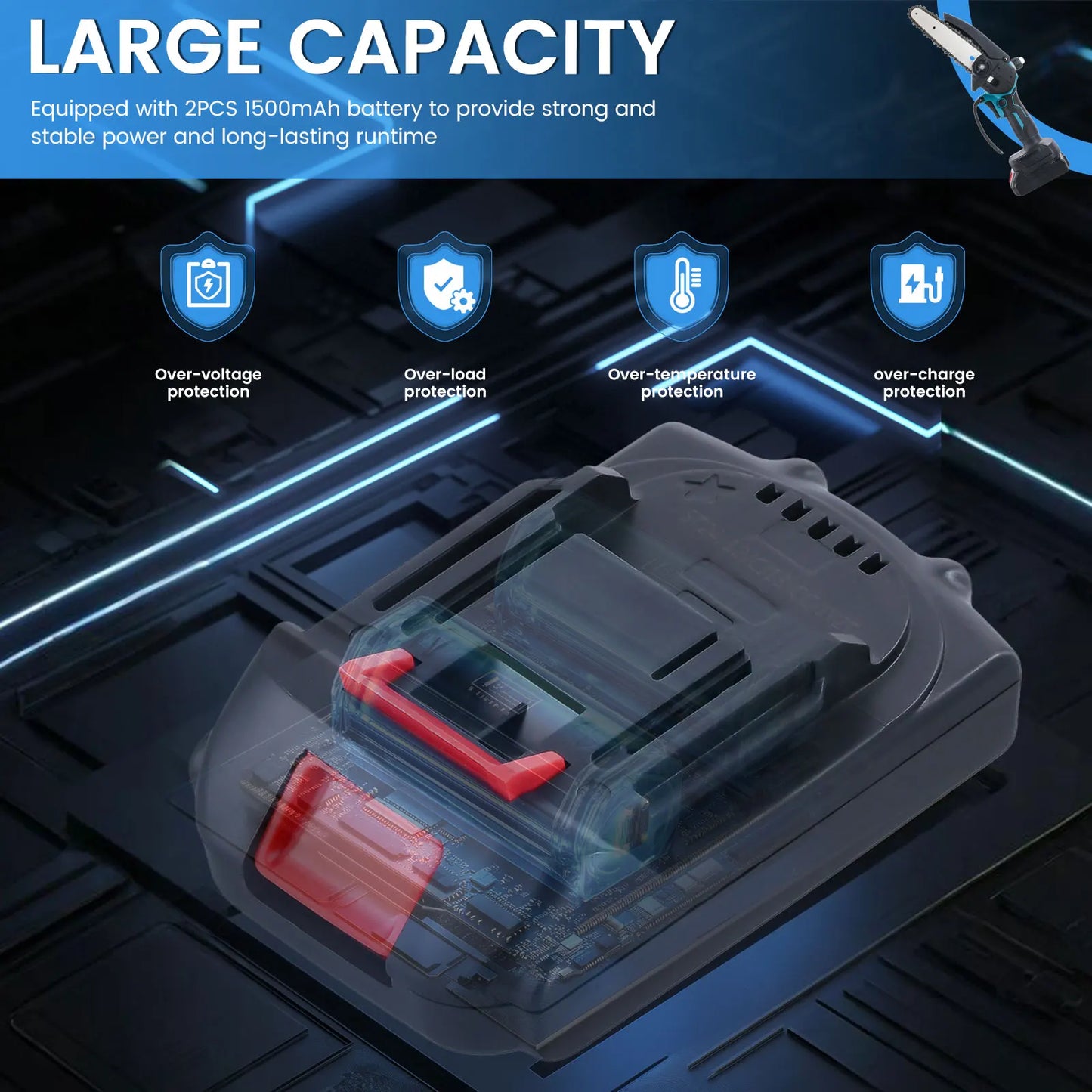 Podofo 6inch Electric Chain Saw Cordless Chainsaw Portable Tree Branch Logging Cutter Woodworking Garden Tool with 2 Batteries