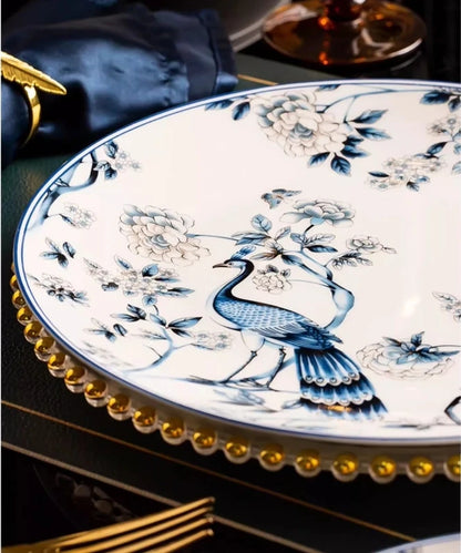 Blue Peacock Bone China Dining Plate Blue and White Kitchen Tableware Flower Ceramic Tableware Home Dining Bar Main Course Plate.