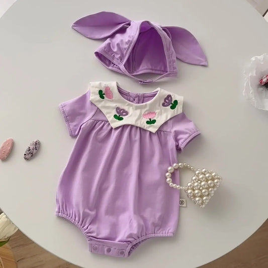 0-2Y Sommer Baby Mädchen Kleidung Kleinkind Mädchen Body & Einteilige Tulpe Stickerei Kleidung Mit Hut