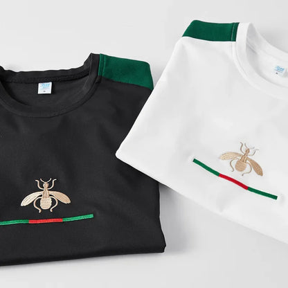 Casual Embroidered Short Sleeve Long Pants Set round Neck Two Piece Set Men's Fashionable Korean Style Spring Autumn Wear.