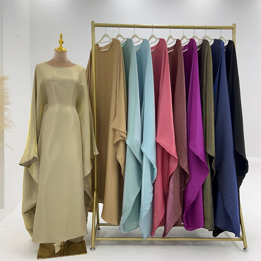 Ramadan Eid Summer Satin Batwing Abaya Dubai Women Islam Muslim Maxi Kaftan Dresses Kebaya Caftan Marocain Robe Femme Musulmane.