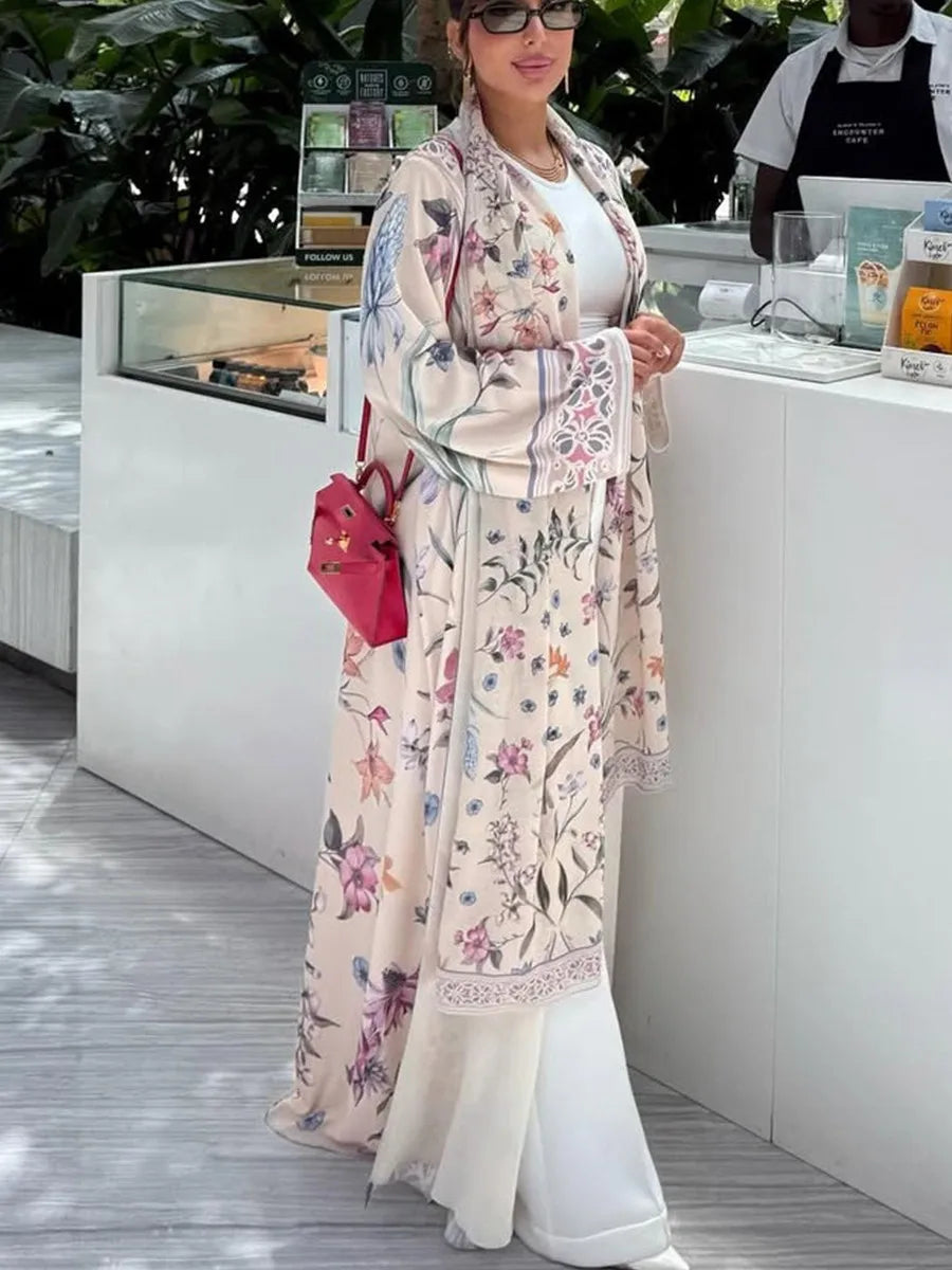 Muslim Women Dubai Abaya Luxury Floral Print Kimono Cardigan Hijab Long Dress Kaftan Ramadan Robe Femme Islam Clothing Kebaya.