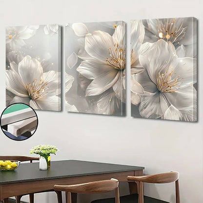 3pcs of fashionable white flower canvas wall art, blooming beautiful flower painting printmaking pictures, abstract flower wall.