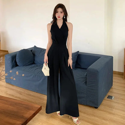 French Vintage Polyester Halter One-Piece Pants Women's Summer Business Commute High Waist Slimming Versatile Suit Long Pants
