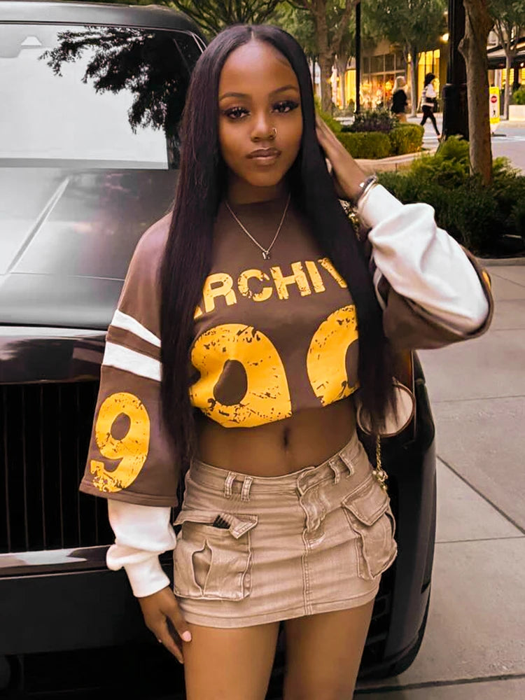 Weird Puss Fake Two Piece Pullover Women Trend Contrast Number Print Patchwork Long Sleeve Autumn Casual Simple Streetwear Tops.