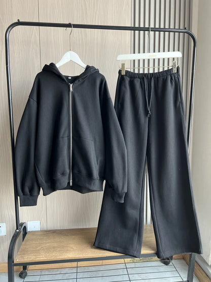 ETJ 2025 Fall/Winter new  women's casual sports oversized zipper hoodie wide leg mop sweatpants set 4174842.