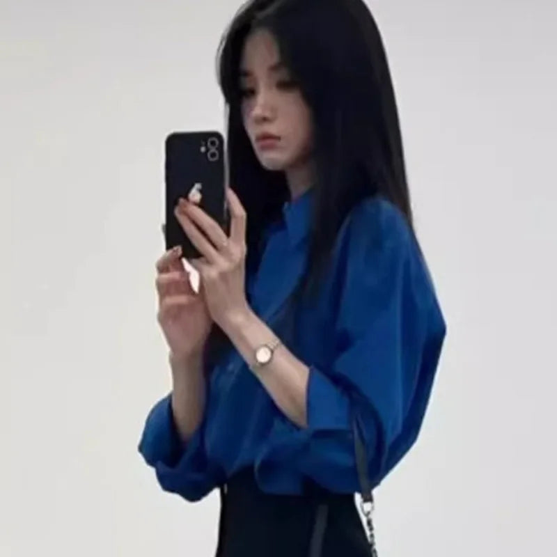 Vintage Blue Long Sleeve Shirts Women Spring Autumn 2025 Chic Single Breasted Blouses Woman Loose Turn Down Collar Shirts Ladies.