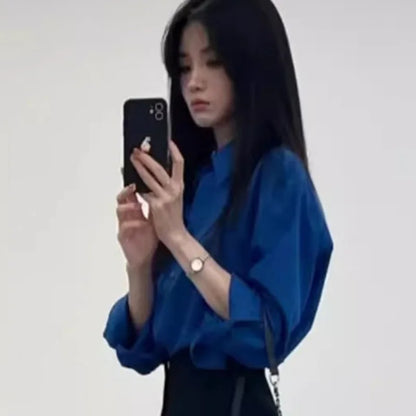 Vintage Blue Long Sleeve Shirts Women Spring Autumn 2025 Chic Single Breasted Blouses Woman Loose Turn Down Collar Shirts Ladies.
