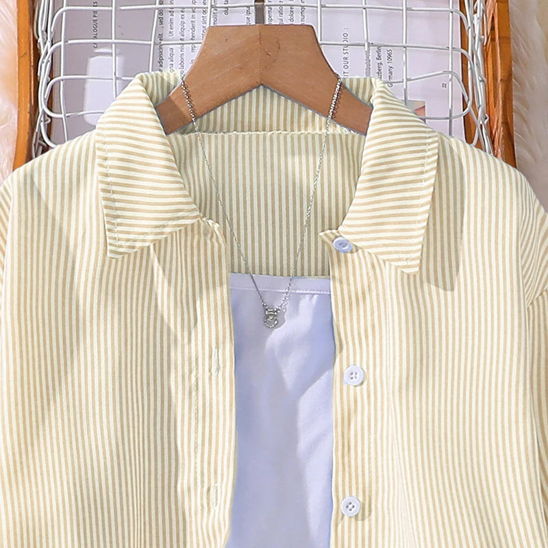 Spring Hot Sale Kids Outfit 4-12 Years Girls Striped Long Sleeve Chemise + Casual Loose Straight Leg Pants Shirt Suit 2Pcs Set