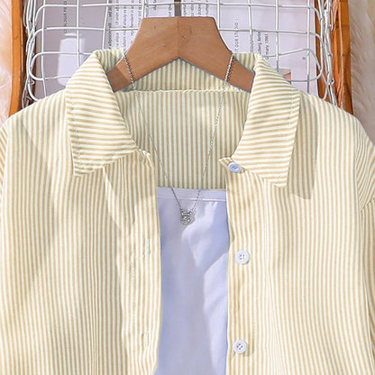 Spring Hot Sale Kids Outfit 4-12 Years Girls Striped Long Sleeve Chemise + Casual Loose Straight Leg Pants Shirt Suit 2Pcs Set