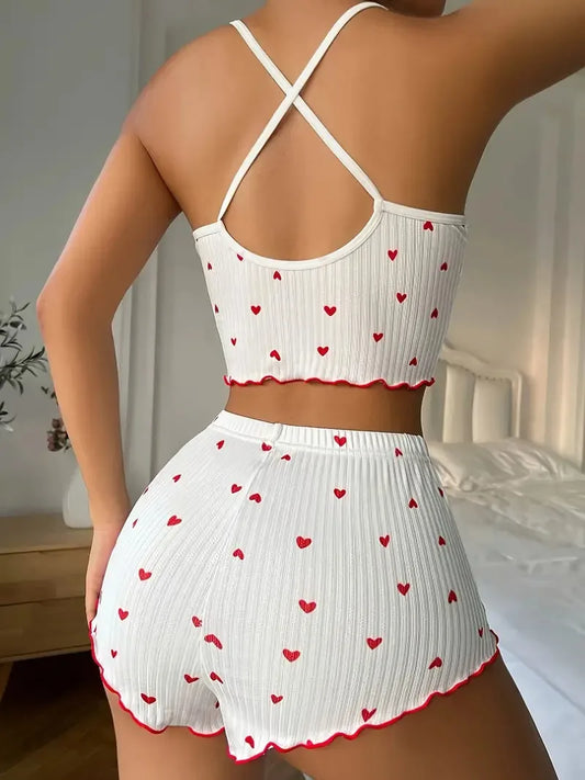 Nachtwäsche Damen-Pyjama-Set, Herz-Druck, weicher, gerippter Stoff mit kokettem Rüschenbesatz, lässiges Cami-Top und Shorts-Sets, Loungewear