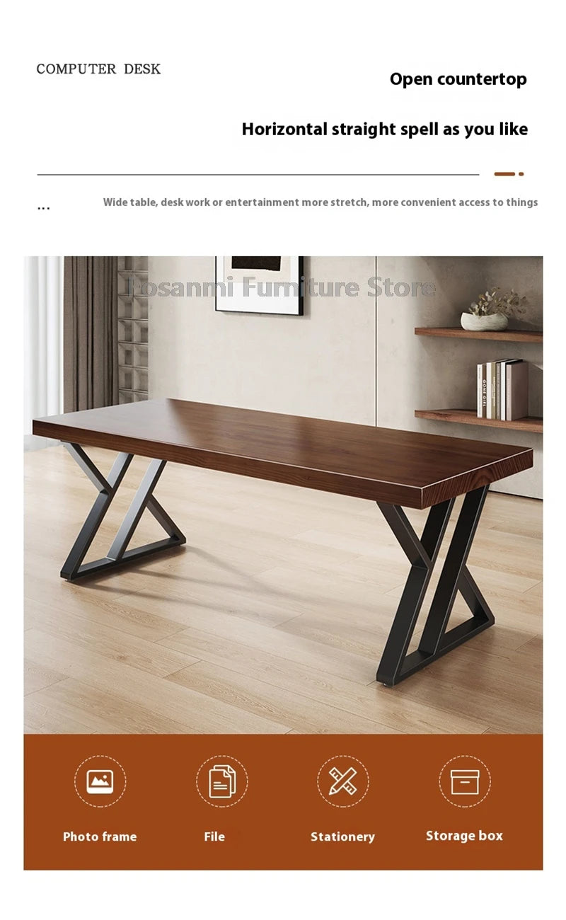 Minimalistischer langer Massivholztisch für das Heimbüro, große Arbeit, Gaming, Arbeitszimmer, Schreibtische für zwei elegante Räume, Computertisch mit Stahlbeinen