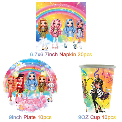 Cartoon Regenbogen Puppe High School Thema Hintergrund Geburtstag Party Dekoration Lieferungen Einweg Tasse Besteck Ballon Baby Geschenk