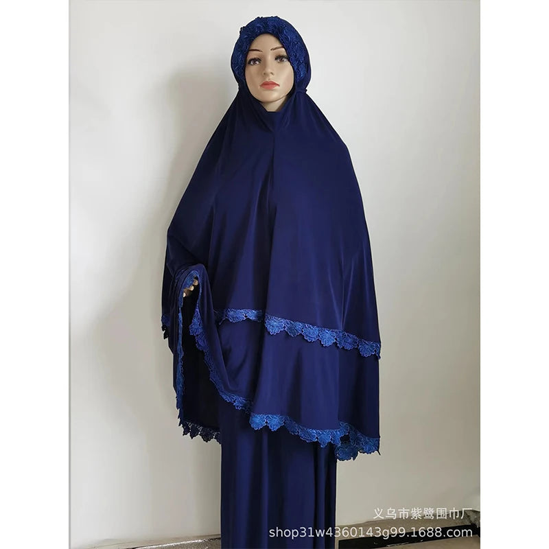 Ramadan  Long Khimar Muslim Abaya Women Prayer Garment Saudi Prayer Dress Lace Trim Silky 2 Piece Skirt Sets Eid Niqab jilbab.