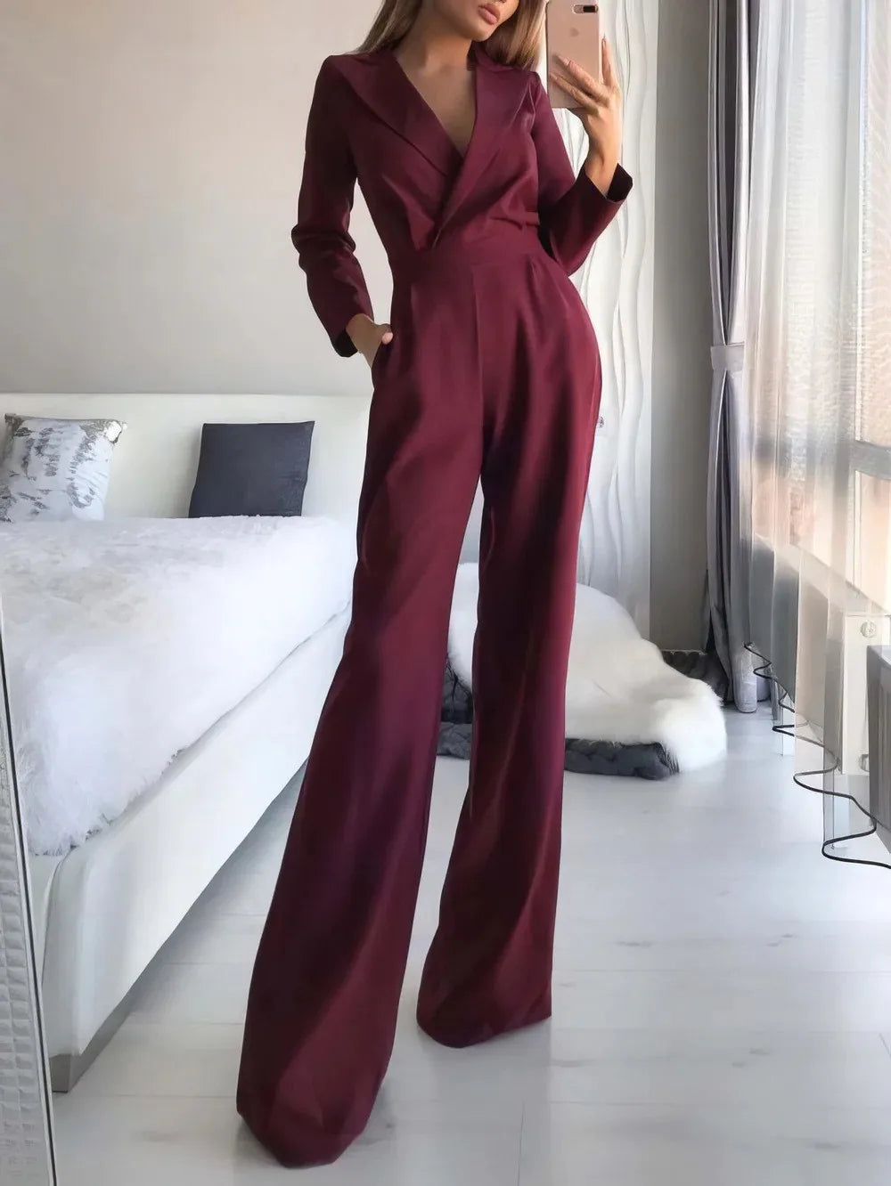 Women Jumpsuits Long Sleeve V Neck Rompers Overalls One Piece Wide Leg Pants Slight Strech Office Lady Solid New Chinese.