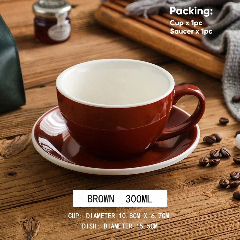 300ml Ceramic Coffee Cup and Saucer Set Pottery Latte Cups Breakfast Milk Mug Afternoon Teacup Porcelain Water Mugs Wholesale