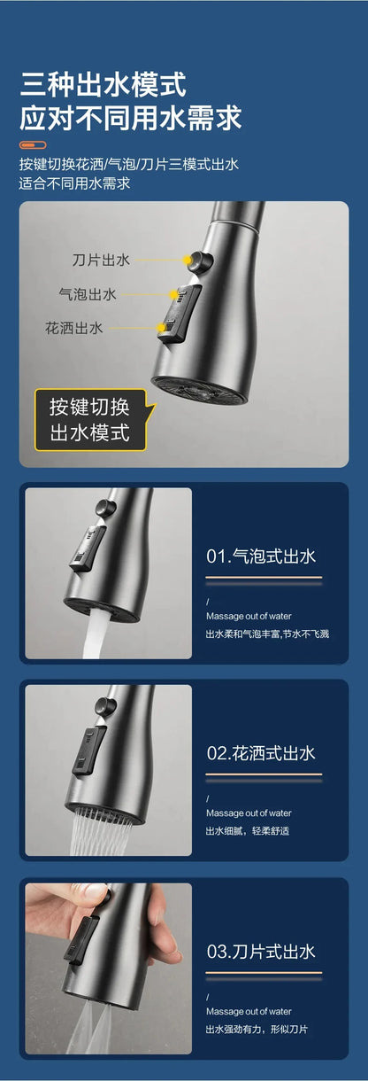 Kitchen faucet pull-out spray head 360 degree rotation hot and cold water pull-out black and silver single hole kitchen faucet