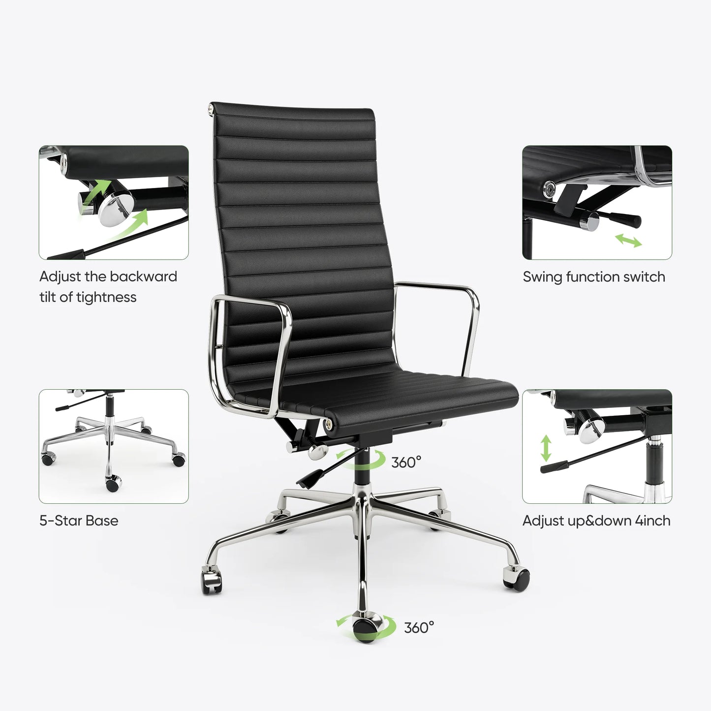 Gerippter Bürostuhl mit hoher mittlerer Rückenlehne, Drehstuhl aus echtem Leder mit Rahmen aus Aluminiumlegierung, verstellbarer ergonomischer Computerstuhl