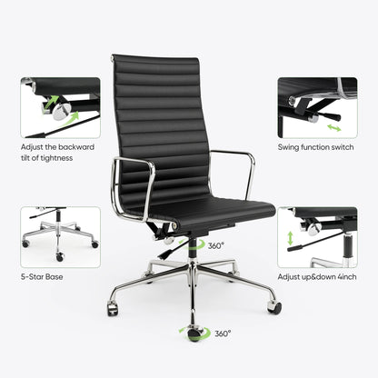 Gerippter Bürostuhl mit hoher mittlerer Rückenlehne, Drehstuhl aus echtem Leder mit Rahmen aus Aluminiumlegierung, verstellbarer ergonomischer Computerstuhl