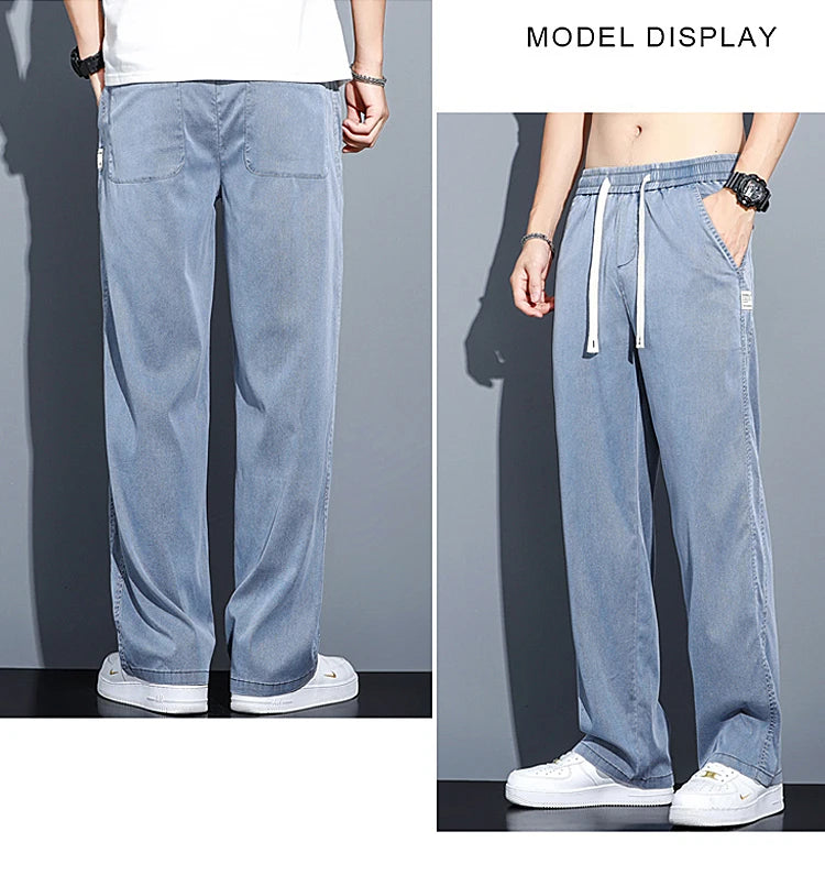 2024 Spring/Summer New Soft Lyocell Fabric Men's Jeans Thin Loose Straight Leg PantsDrawstring Elastic Waist Korean casual pants.