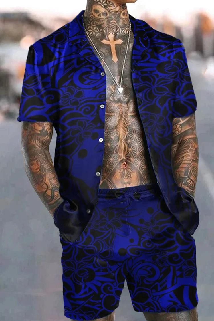Fashion Men Sets Print Lapel 3D Print Short Sleeve Casual Hawaiian Shirt Beach Shorts 2 Pcs Set Vacation Hawaiian Man Suits.