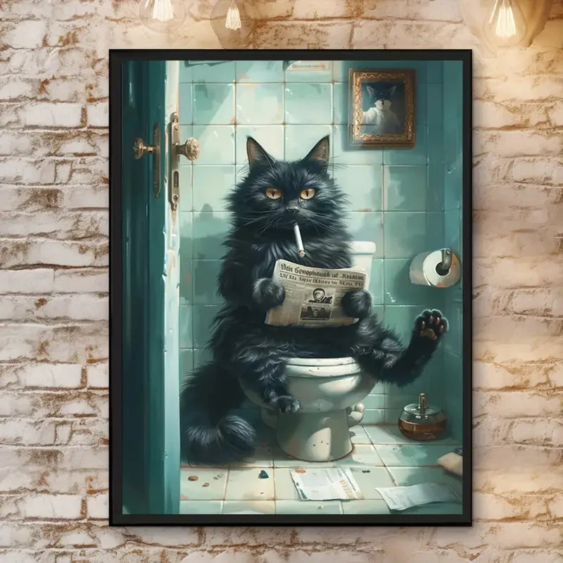 Art quote you are pooping black cat kitten reading newspaper in toilet funny animal poster retro art living room decoration.