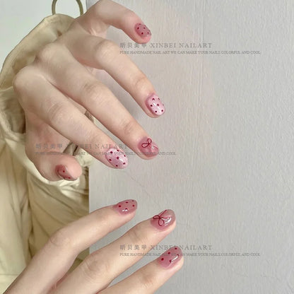 10pcs Ballet Short Nail Tips Set-Glossy Finish Polka Dot & Solid Color Designs with 3D Bow Accents Nail Art for Women and Girls.